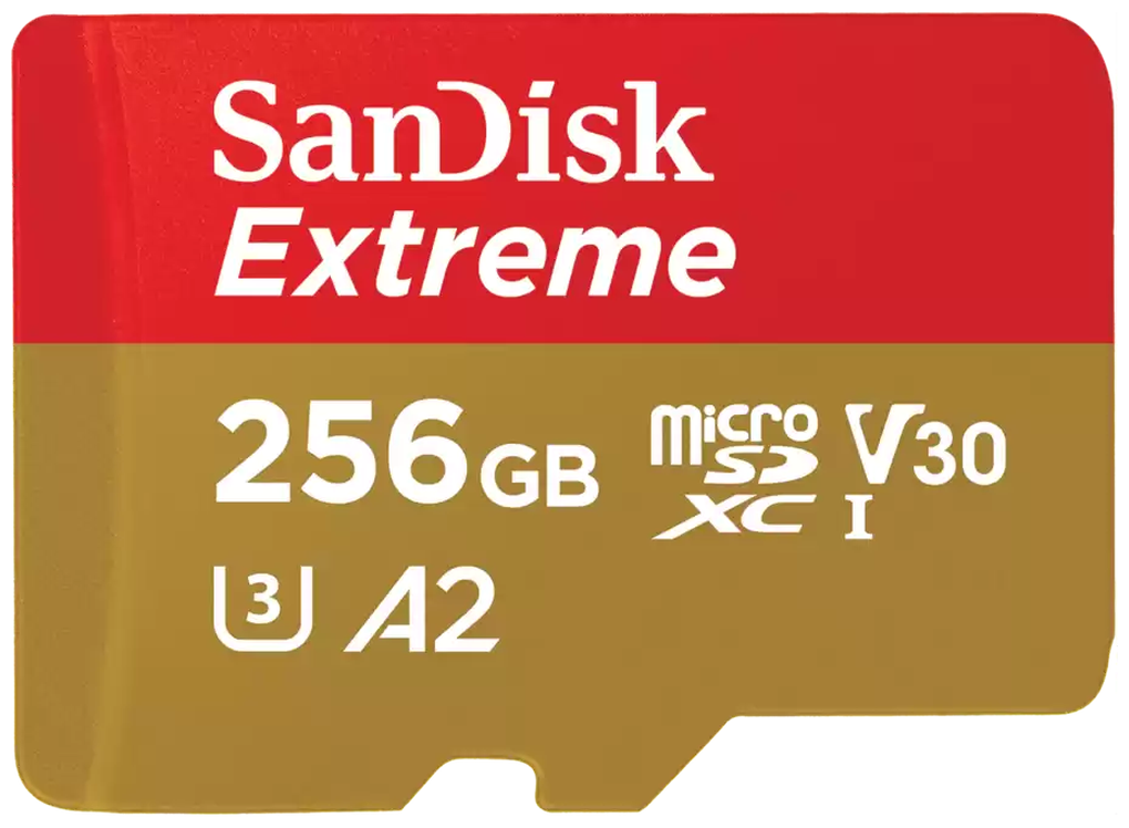Карта памяти SanDisk Extreme microSDXC Class 10 UHS Class 3 V30 A2 190MB/s + 256 GB, чтение: 190 MB/s, запись: 130 MB/s, без адаптера SD