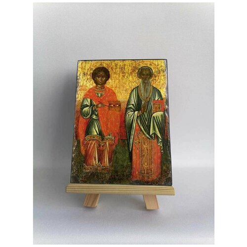 Освященная икона на дереве ручной работы - Свв. Пантелеимон и Ермолай, 15х20х1,8 см, арт А253