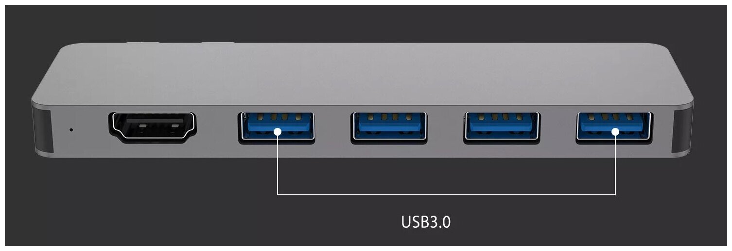 USB-концентратор / хаб / адаптер/ переходник / Aluminum Type-C 6 в 1 / USB 3.0 / HDMI / Type-C /(Gray) для MacBook