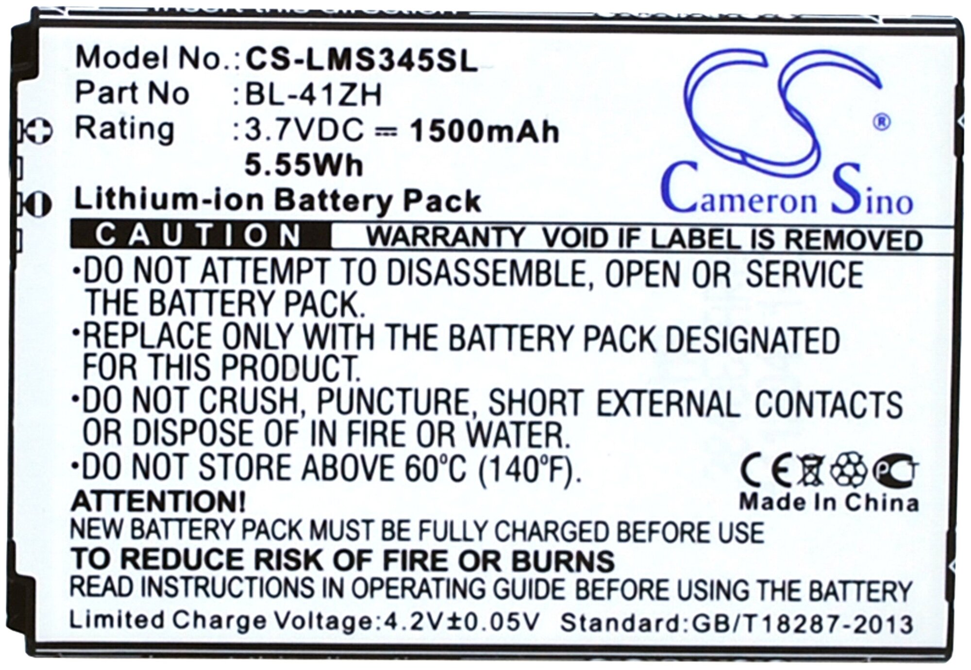 Аккумулятор CS-LMS345SL BL-41ZH для LG L Fino D295, LG X220DS 3.7V / 1500mAh / 5.55Wh