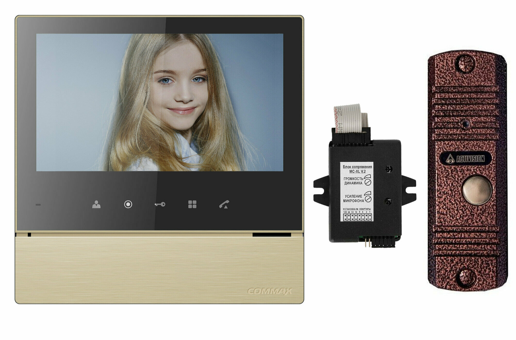 Комплект видеодомофона и вызывной панели COMMAX CDV-70H2 (Золото Black Smog) / AVC 305 (Медь) + Модуль XL Для цифрового подъездного домофона