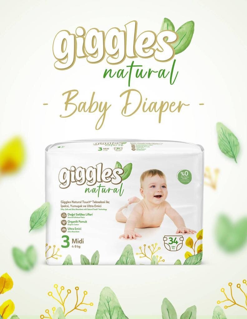 Подгузники Giggles natural Midi (3) 4-9 кг, 34 штуки