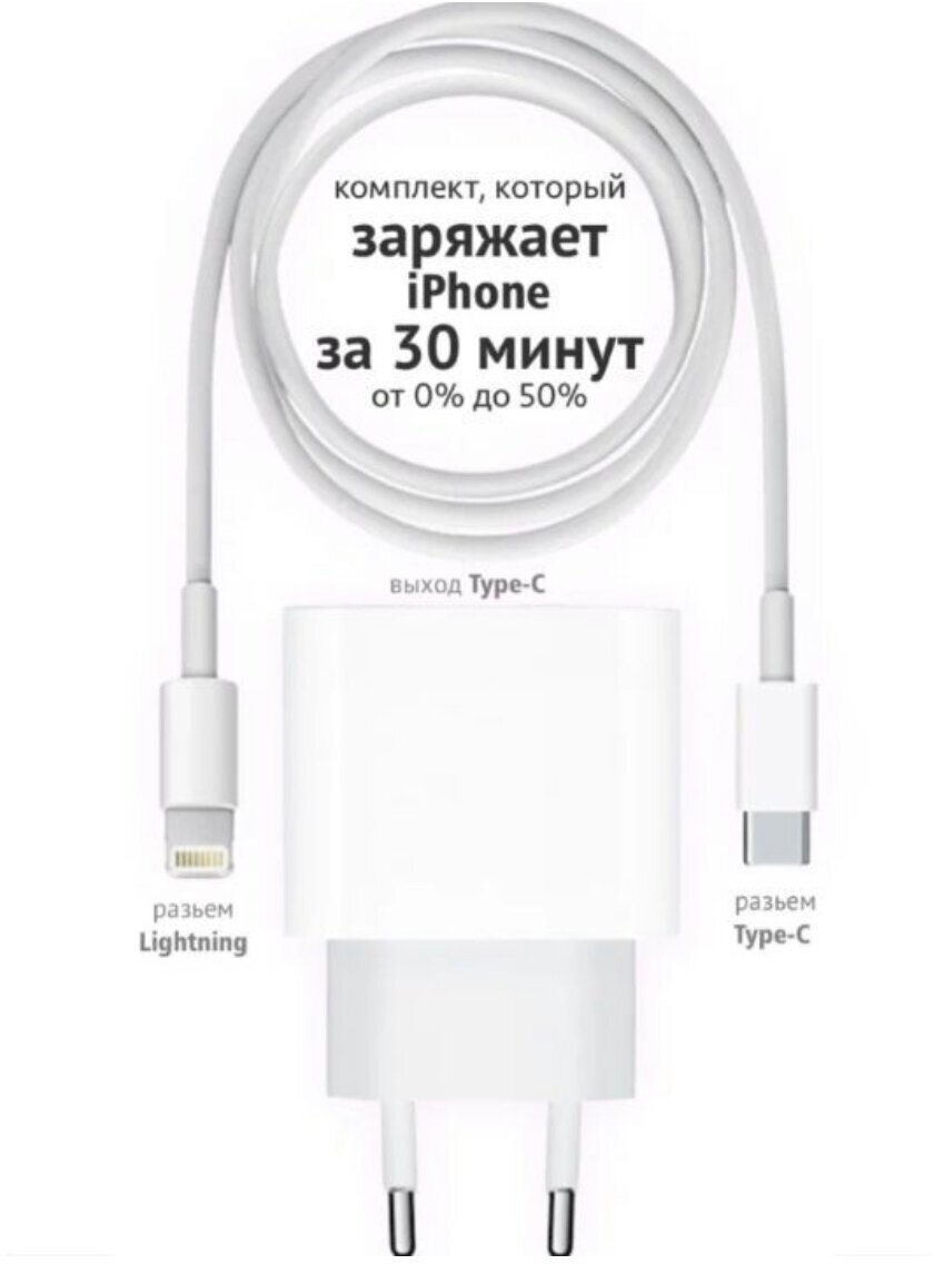 Зарядка для iPhone блок 20W с кабелем USB-C Lightning,1 метр/белый/быстрая зарядка