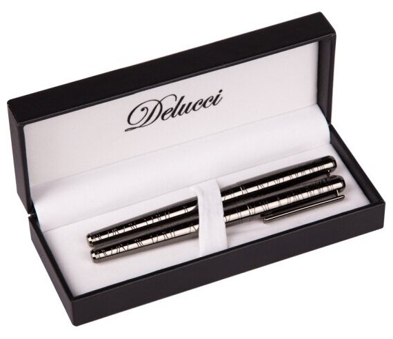 Набор Delucci "Mistico": ручка шариковая 1,0 мм и ручка-роллер 0,6 мм, синие, оружейный металл, подарочная упаковка