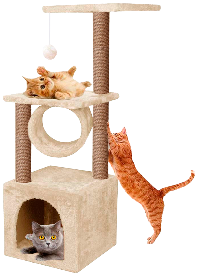 Домик когтеточка для кошки с тоннелем "ЭЦ" 35x35х93 см, комплекс с двум лежаками, с тоннелем, с игрушкой - фотография № 7