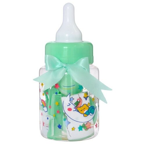 фото Бутылочка для кормления, набор детский "первый подарок малышу" из 10 предметов: бутылочки для кормления 150 и 250 мл, поильник, посуда, нагрудник, расчёска, щётка, цвет зелёный mikimarket