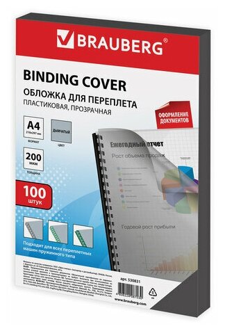 Обложки пластиковые д/переплета А4, комплект 100шт, 200 мкм, прозрачно-дымчатые, BRAUBERG, 530831