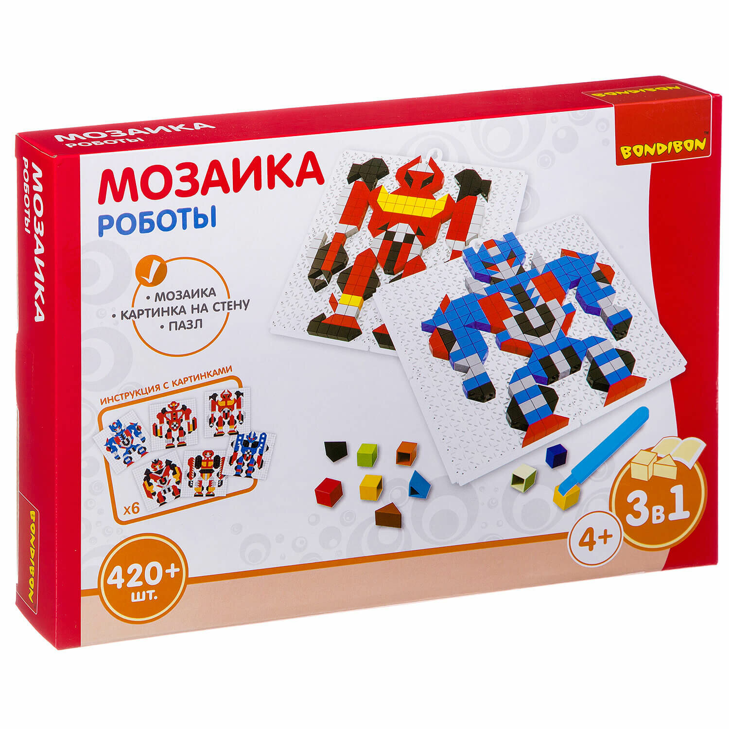 Логические, развивающие игры и игрушки Bondibon Мозаика «роботы», 420 дет, BOX 30x4.5x21 см ВВ3030