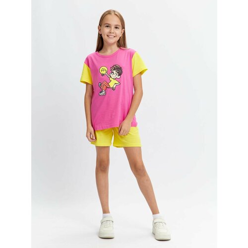 Пижама А4, шорты, футболка, без карманов, размер S, желтый, розовый