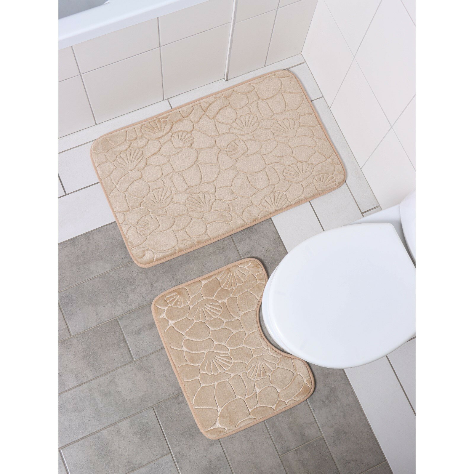Набор ковриков для ванной и туалета Доляна «Галька ракушки» 2 шт: 39×40 50×80 см цвет бежевый
