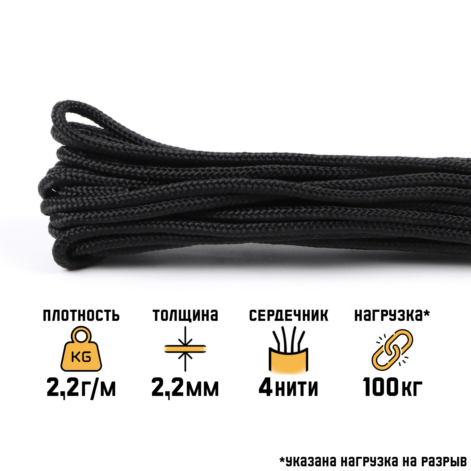 Паракорд 275, нейлон, d=2.2 мм, 10 м, цвет чёрный, максимальная нагрузка: до 100 кг