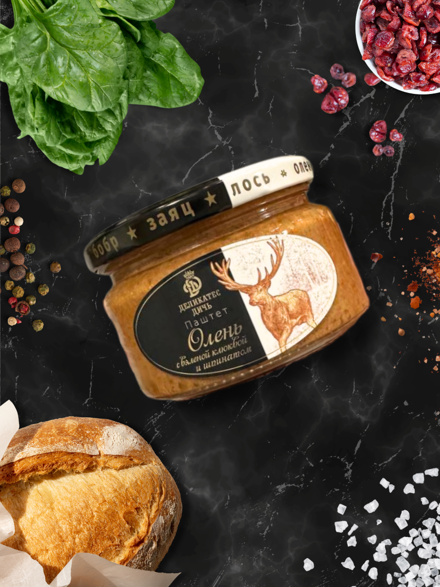 Паштет из мяса Оленя с вяленой клюквой и шпинатом 200 грамм стекло