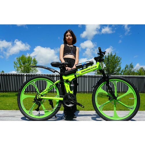 Велосипед складной Двухподвесной Richiesto 26 дюймов на литых дисках салатовый 30500₽