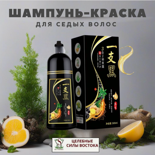 Изображение товара Шампунь-Краска 3 в 1 Цвет Черный, 500 мл, для закрашивания седины, натуральная, не красит кожу, комплект для окрашивания