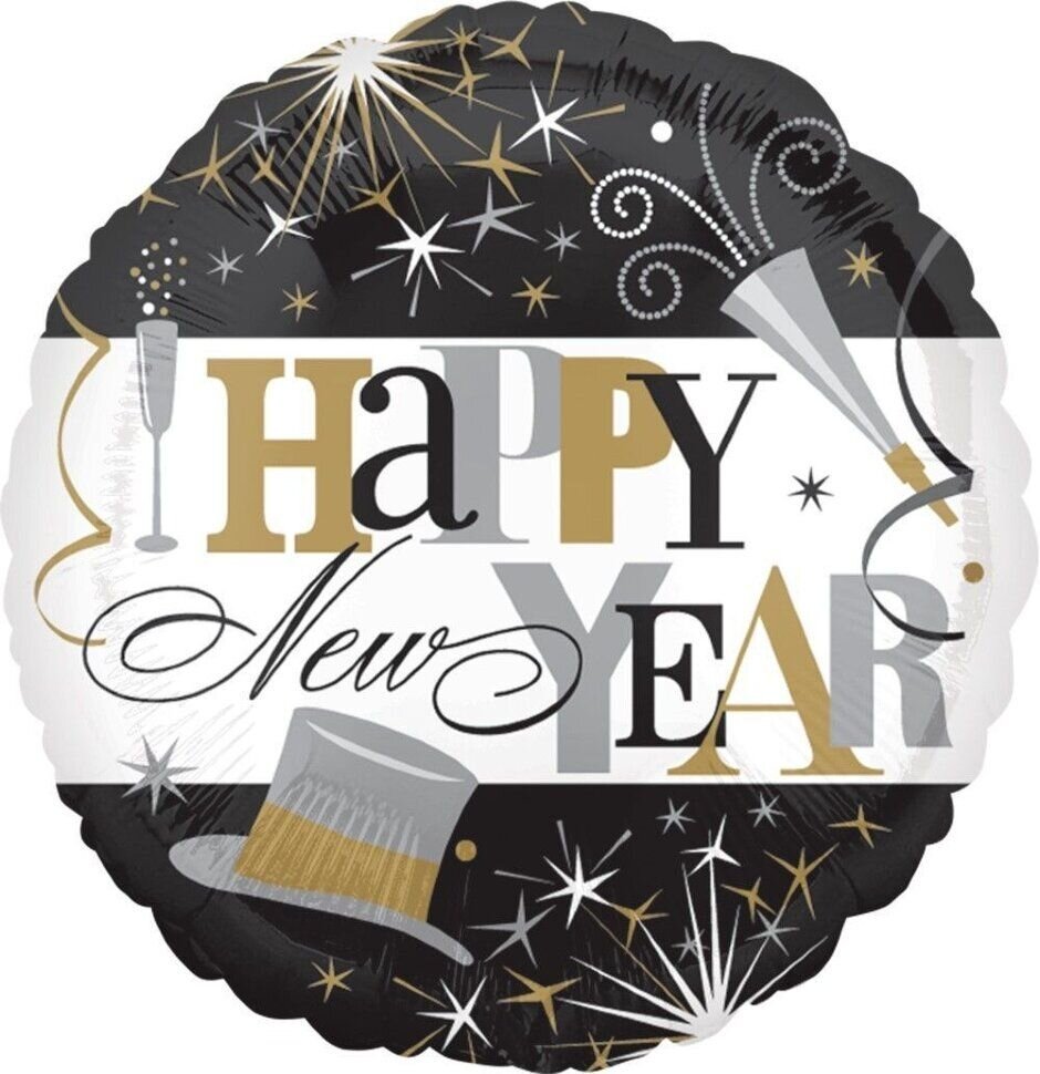 Шар (18'/46 см) Круг С Новым Годом! (искрящийся фейерверк) Черный/Белый 1 шт.