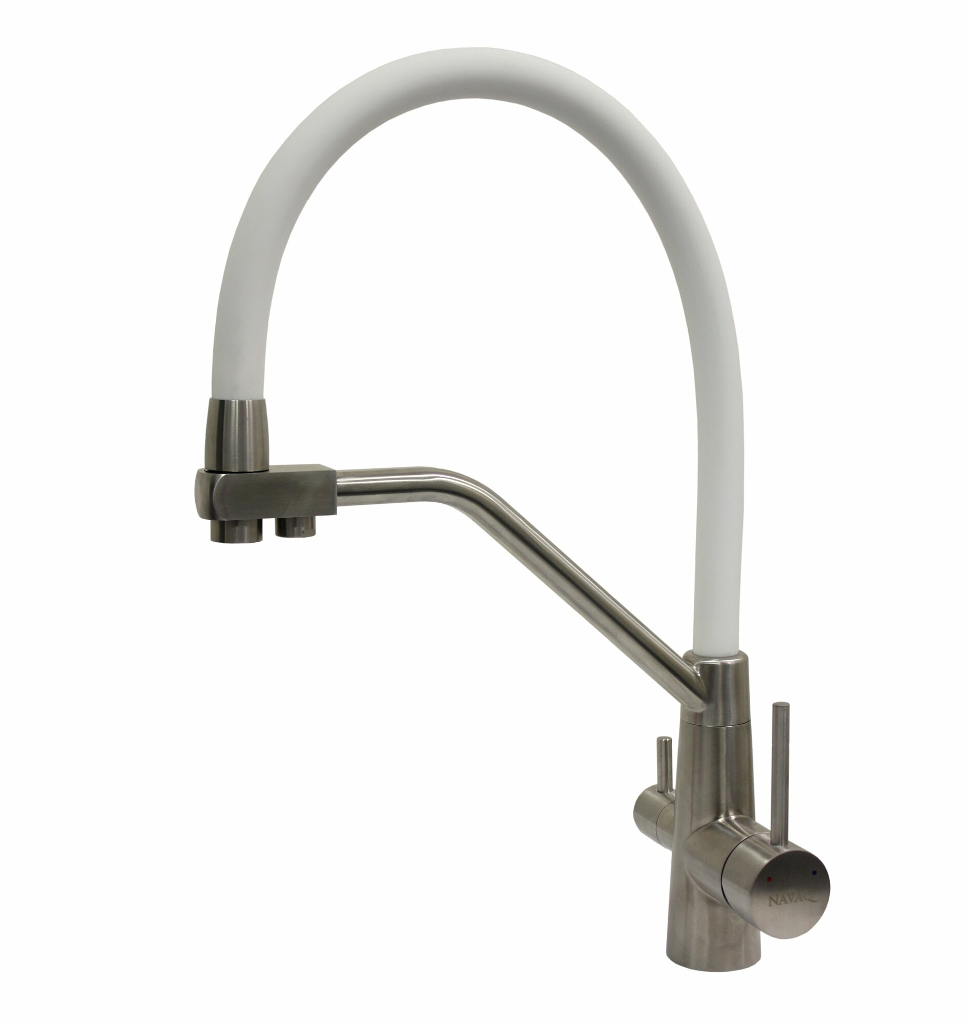 N413. PC5.2 Смеситель NAVAQ однорукий д/кухни с подкл. фильтра, сатин/белый, нерж. сталь, бок. ручка