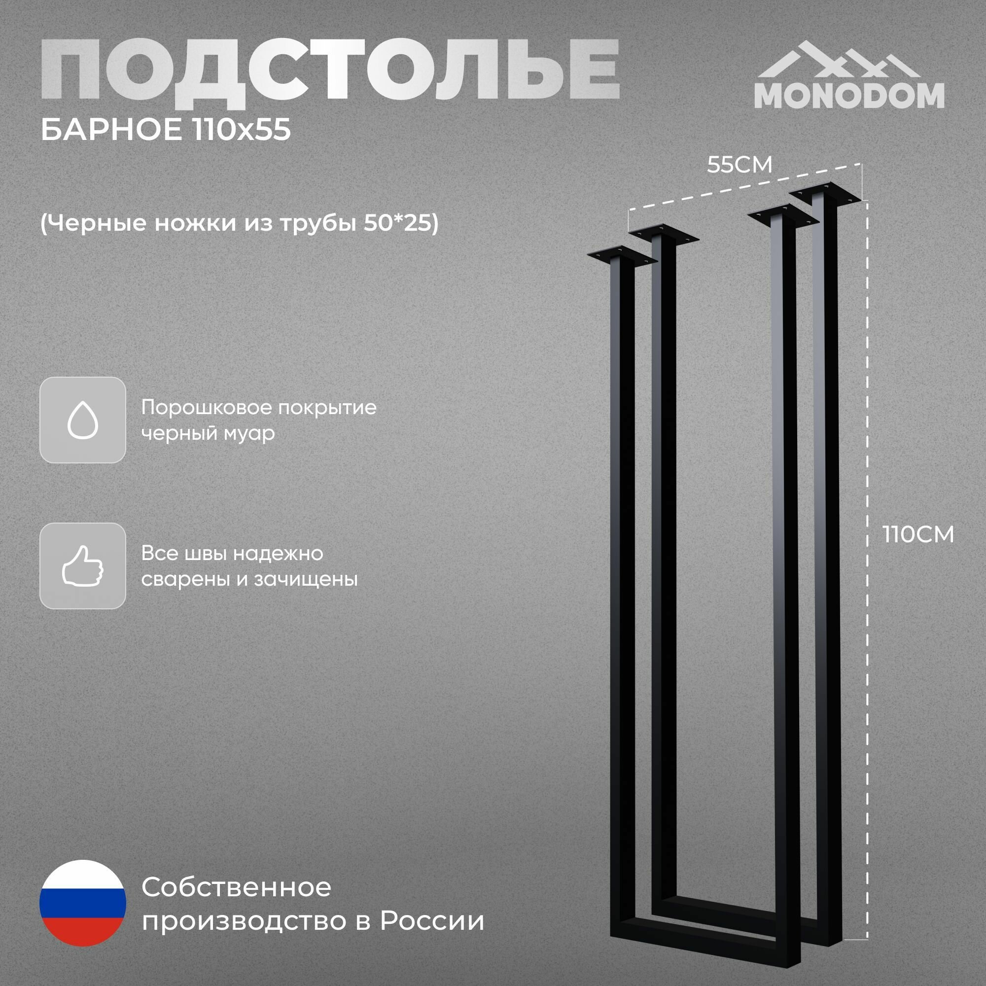 Подстолье для барной стойки в стиле лофт 110х55см из трубы 50х25 2 шт черный муар (ножки регулируемые)