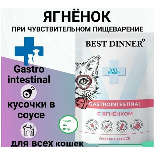 Best Dinner Вет Профи Gastro Intestinal влажный корм для кошек с чувствительным пищеварением, кусочки в соусе с ягнёнком 85г*12шт.(1020гр)