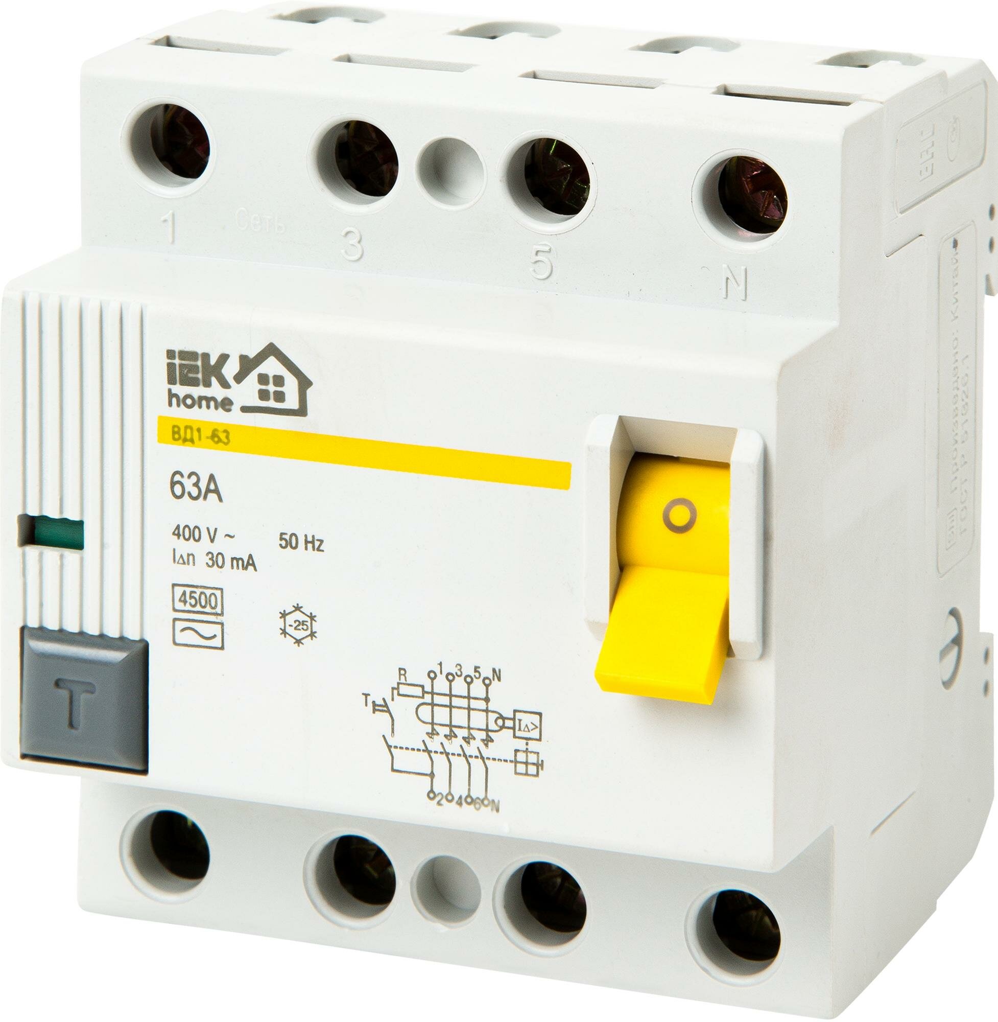 УЗО Iek Home ВД1-63 3P N 63 A 30 мА 4.5 кА AC MDV10-4-063-030