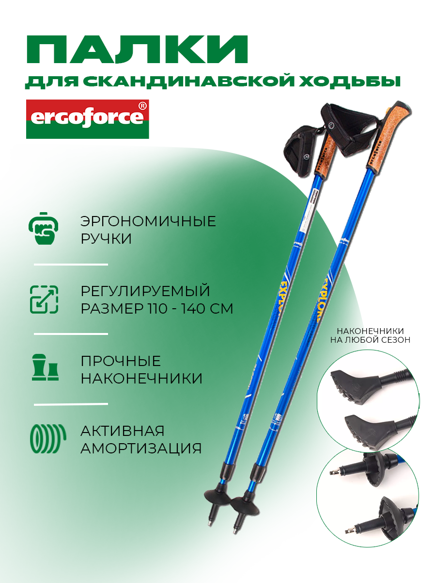 Складные палки для скандинавской ходьбы Ergoforce E-0673 синие алюминиевые телескопические трекинговые 110-140 см