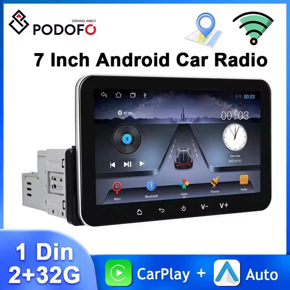 Podofo 2 + 32G Android автомобильный радиоприемник 7 дюймов 1Din мультимедийный плеер Carplay Android Auto GPS-навигация WIFI EQ 4 ядра Bluetooth автомобильная стереосистема, 2 32G AHD — фото 1