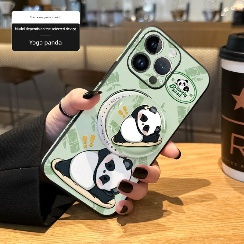 Магнитный чехол для iPhone 16 Plus с узором йоги-панда из кожи, включая ремешок и магнитную подставку
