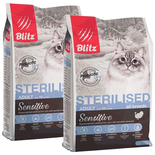 BLITZ SENSITIVE ADULT CAT STERILISED TURKEY для взрослых кастрированных котов и стерилизованных кошек с индейкой (0,4 + 0,4 кг) blitz classic adult cat sterilised chicken для взрослых кастрированных котов и стерилизованных кошек с курицей 2 2 кг