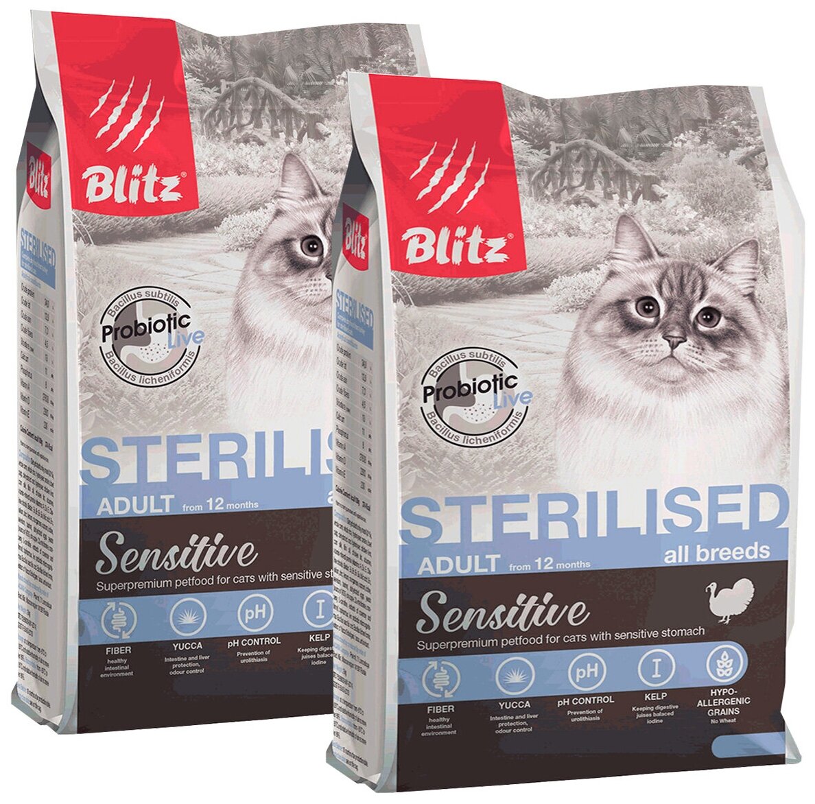 BLITZ SENSITIVE ADULT CAT STERILISED TURKEY для взрослых кастрированных котов и стерилизованных кошек с индейкой (04 + 04 кг)