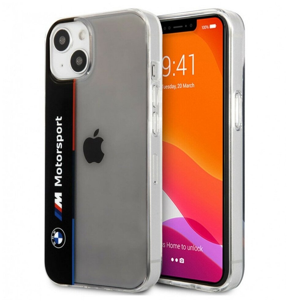 Чехол BMW Motorsport Tricolor Vertical Hard Transparent для iPhone 13, черный