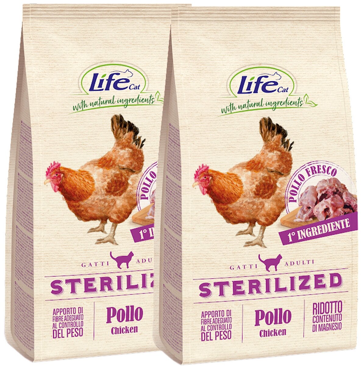 LIFECAT ADULT STERILIZED CHICKEN для взрослых кастрированных котов и стерилизованных кошек со свежей курицей (1,5 + 1,5 кг)