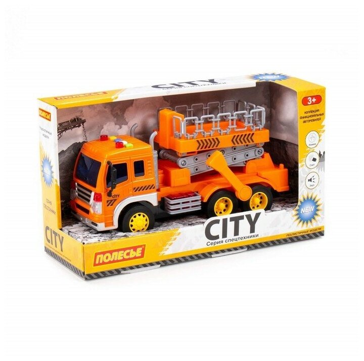 Автомобиль инерционный Полесье "Сити" с подъемником, со светом и звуком, оранжевый 89748