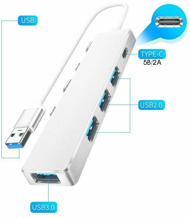 Разветвитель USB HUB - 4 порта - 3*USB2.0 + 1*USB3.0 + 1*Type-C - Орбита OT-PCR21 серебро