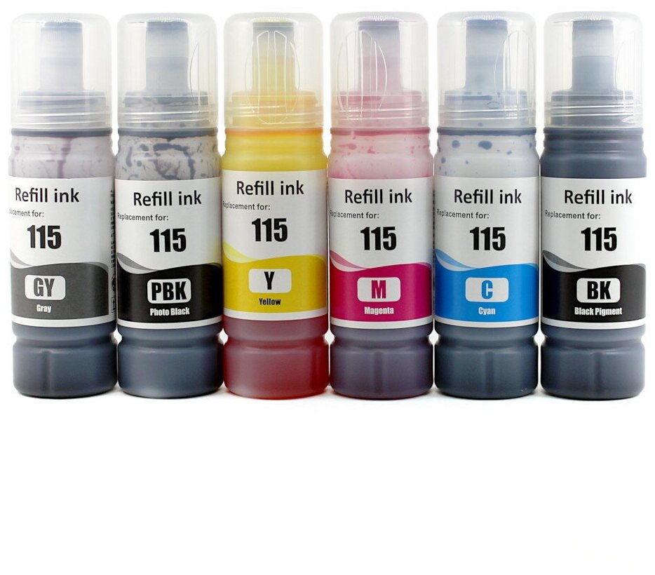 Чернила для Epson L8160, L8180 (Фабрика Печати), пигментные + водные, совм. 115 KeyLock, 6x70 мл, комплект 6 цветов, ink.E-115