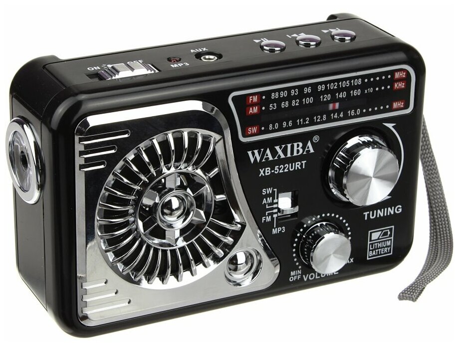 Радио 522URT Waxiba USB/microSD фонарик, черное