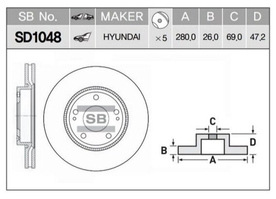 Диск тормозной передний Sangsin Brake SD1048, 1 шт