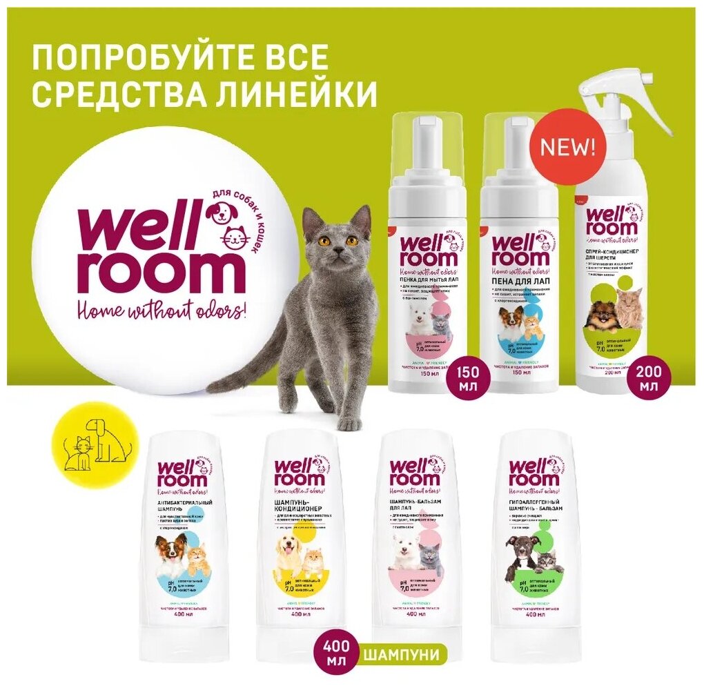 Универсальный антибактериальный шампунь для кошек и собак с хлоргексидином Wellroom 1 литр