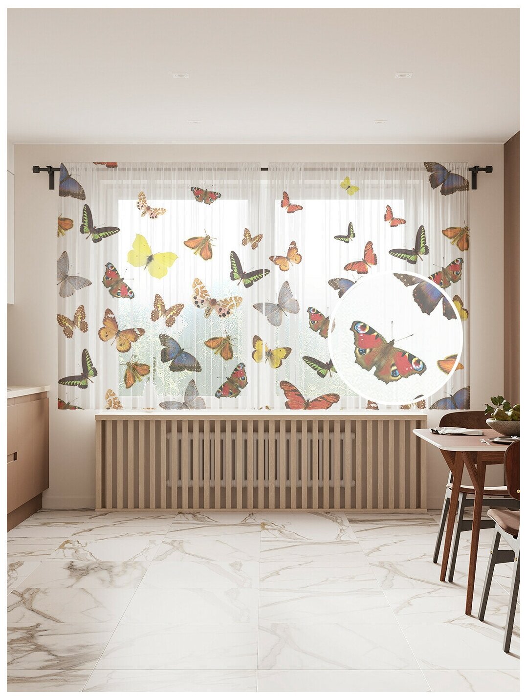 Тюль для кухни и спальни JoyArty "Вечеринка бабочек", 2 полотна со шторной лентой шириной по 145 см, высота 180 см. - фотография № 1