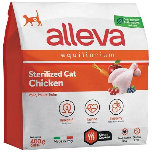 ALLEVA Корм сухой для кошек Equilibrium Cat Sterilized Chicken, для кастрированных котов и стерилизованных кошек, с курицей, 0,4 кг karmy sterilized для взрослых кастрированных котов и стерилизованных кошек с курицей 10 10 кг