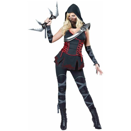 фото Костюм ниндзя женский взрослый california costumes xs (40-42) (туника с корсетом и капюшоном, лосины, перчатки, доспех на плечо, полумаска)