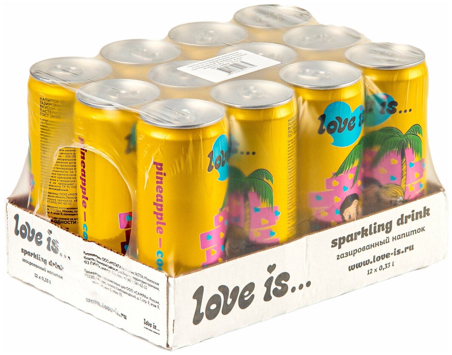 Газированный напиток Love IS Pineapple - Coconut (Ананас и кокос), жестяная банка 0.33 л ( 330 мл.), упаковка 12 штук. - фотография № 2