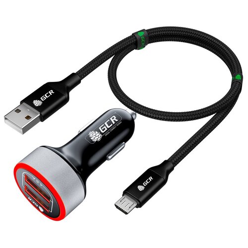 Комплект автомобильное зарядное устройство на 2 USB порта 4.8A, черный, LED индикация + Кабель GCR 1.0 метр MicroUSB черный (7753596) азу 5v 2000ma microusb 12v 24v шнур 3 3м авторегистратор навигатор прямой