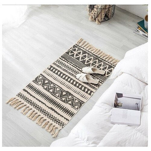 Хлопковый интерьерный этно-ковер с бахромой на пол в гостиную, спальню / Прикроватный коврик