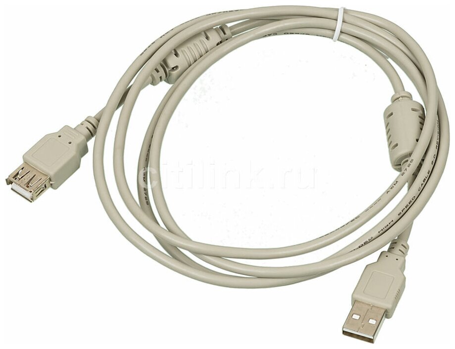 Кабель USB2.0 Buro USB A(m) - USB A(f), ферритовый фильтр , 1.8м, серый [usb2.0-am-af-1.8m-mg]