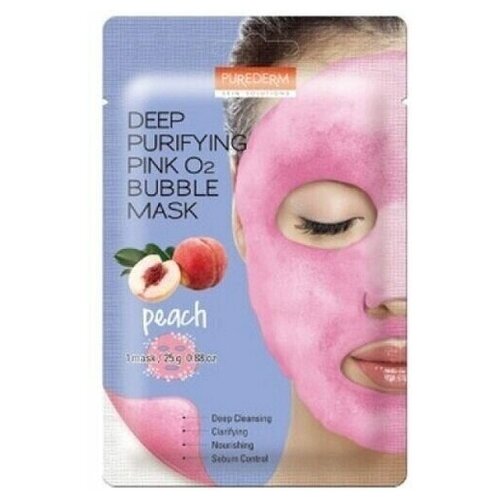 Пенная маска для очищения пор с экстрактом персика Purederm Deep Purifying Pink O2 Bubble 23гр.