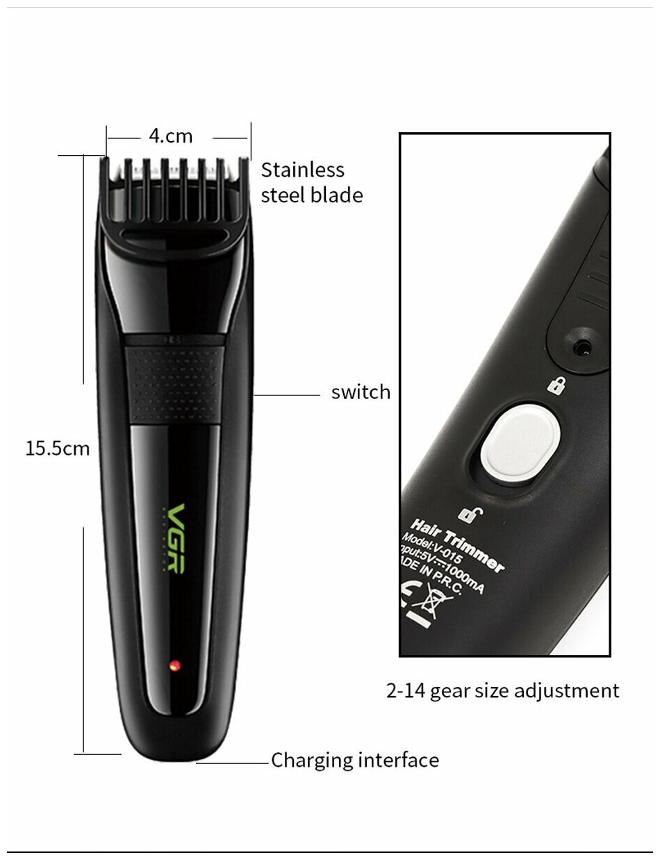 VGR V-015 Электрическая машинка для стрижки волос мужской триммер с аккумулятором - фотография № 2