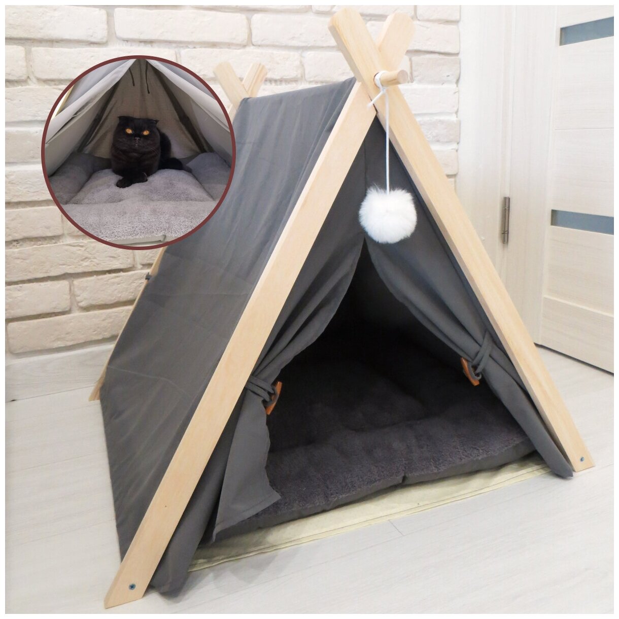 Домик палатка ВигВам для кошек и собак мелких и средних пород темно-серый - фотография № 7
