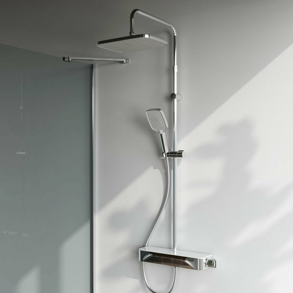 фото Душевая система с тропическим душем AM.PM Func F078F700 хром, смеситель с полкой, душевой комплект, телескоп. штанга, картридж AM. PM Soft Motion 35 мм