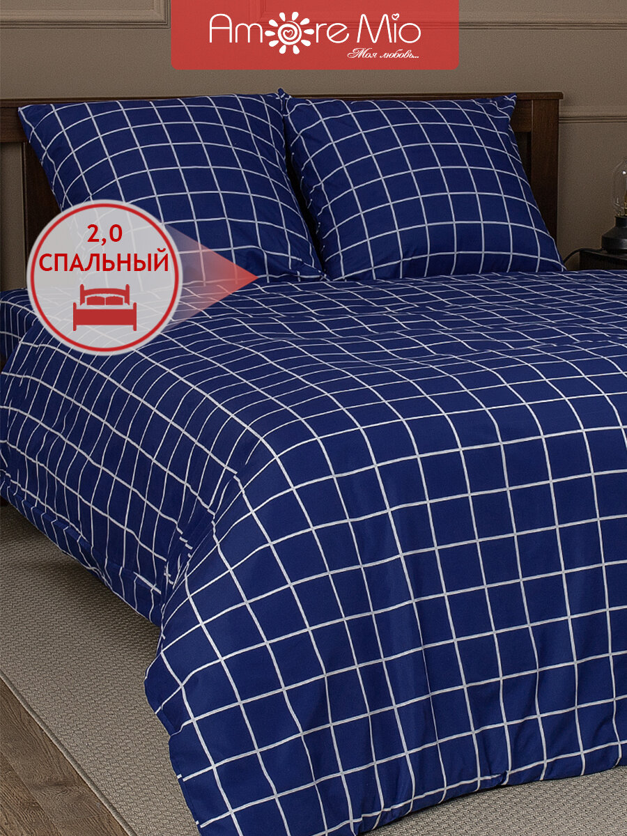 фото Постельное белье Amore Mio серии Макосатин Indigo 2 спальное, полисатин, микрофибра, комплект синий в клетку, наволочка 70Х70 см