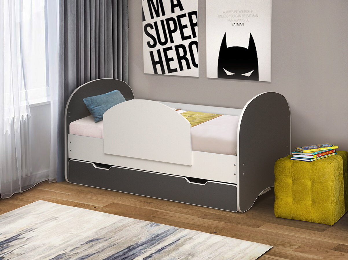 фото Детская кровать Радуга 160 белая/графит, без ящика (бортик ЛДСП)