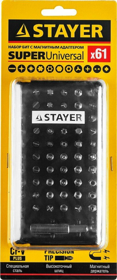 STAYER Набор STAYER "MASTER": Биты CR-V "UNIVERSAL", с магнитным адаптером, 61 предмет, 26084-H61
